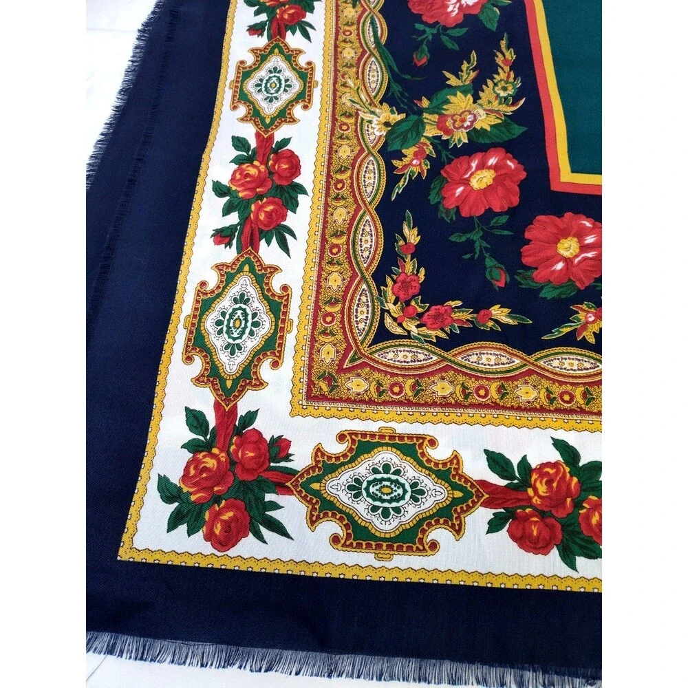 VTG Elaine Gold  Italy Scarf Shawl Blue Burgundy Green Floral Paisley 45”x45